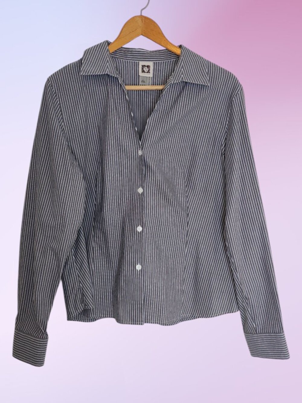 Anne Klein L Long Sleeve Oxford Top Blouse Button Down Black White Striped